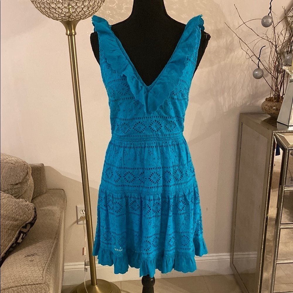 Alice+Olivia dress size 4Turquoise Blue Tiered Ruffled V-Neck Sundress - Picture 2 of 8